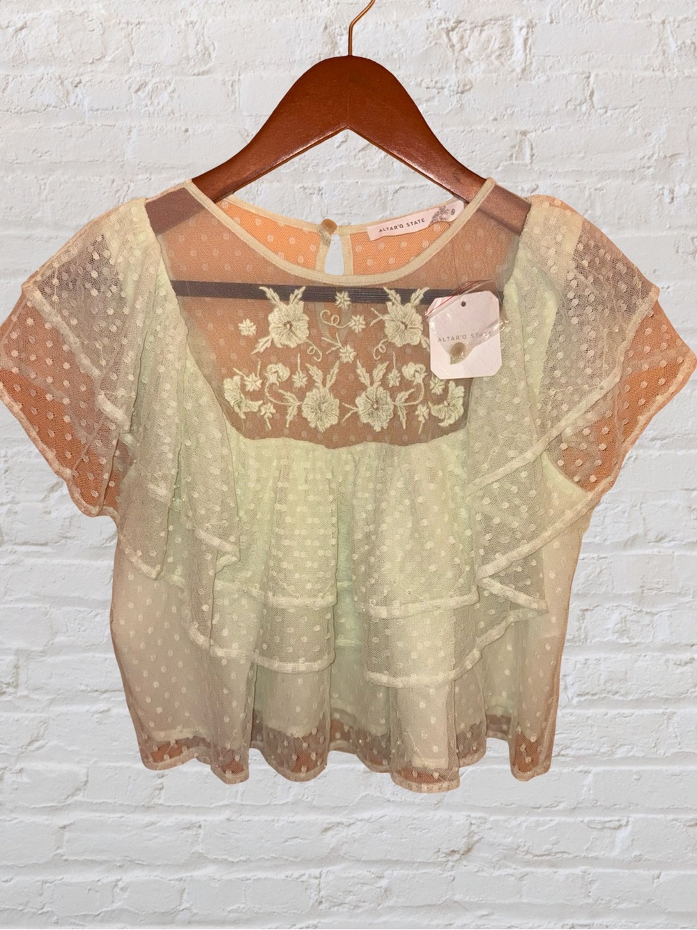 Cottagecore NWT Altar’d State Pale Green Sheer Dot-Embroidered Ruffle Blouse